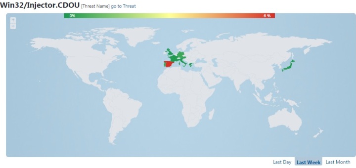 El malware Injector.CDOU se convierte en una de las amenazas más propagadas en España